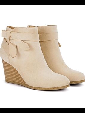 Abi Beige Suede Wedge Ankle Boots with Wrap Accent
